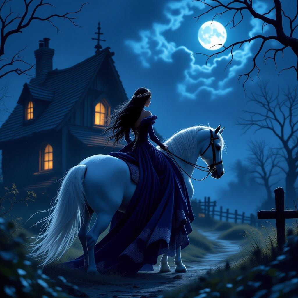 Princess Rides to Spooky Cottage Under Dramatic Night Lighti...
