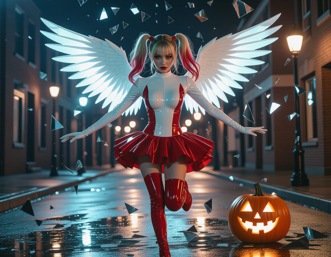 Rainbow Woman Glides Over Jack-o'-Lantern Street