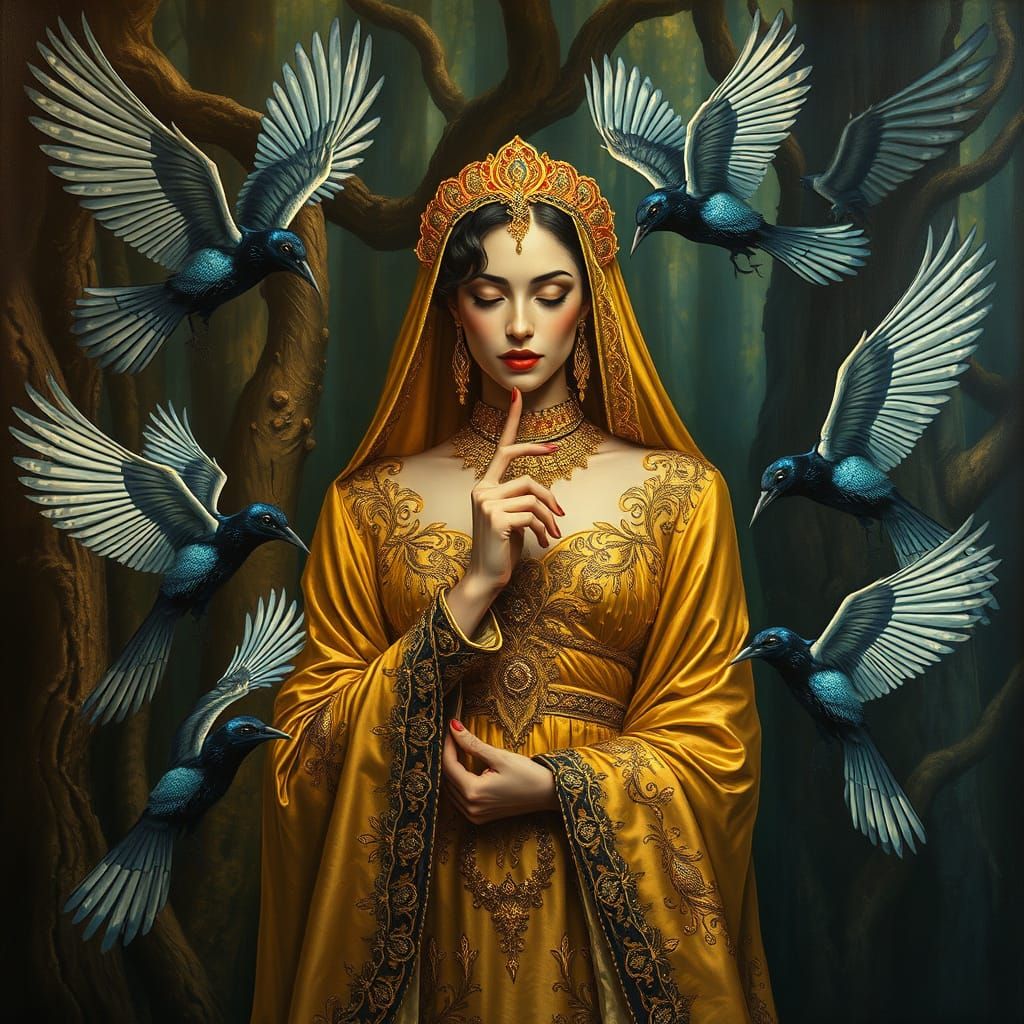 Surrealist Masterpiece: Mysterious Woman in Gold with Majest...