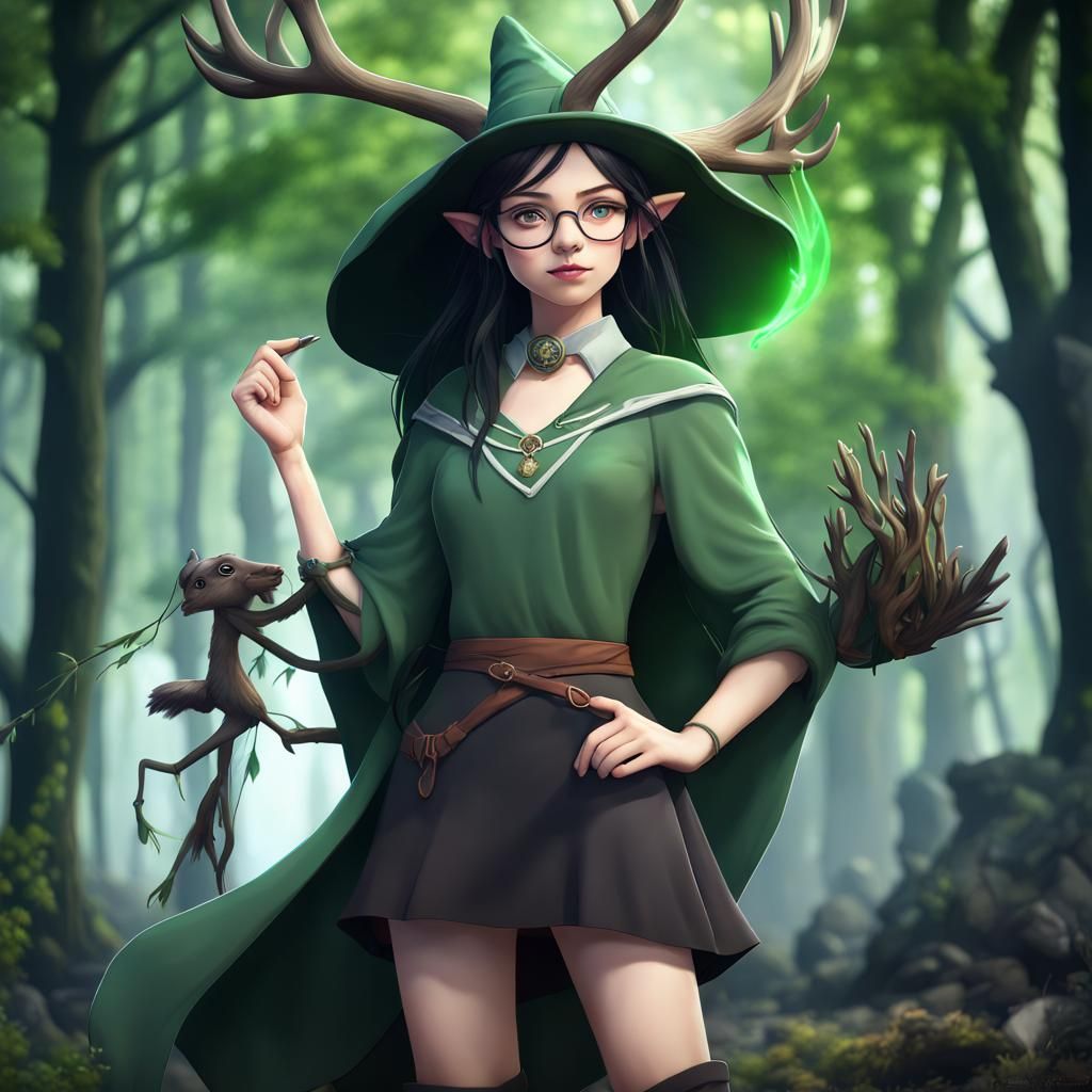 Anime Druid Girl with Antlers in Forest Ruins