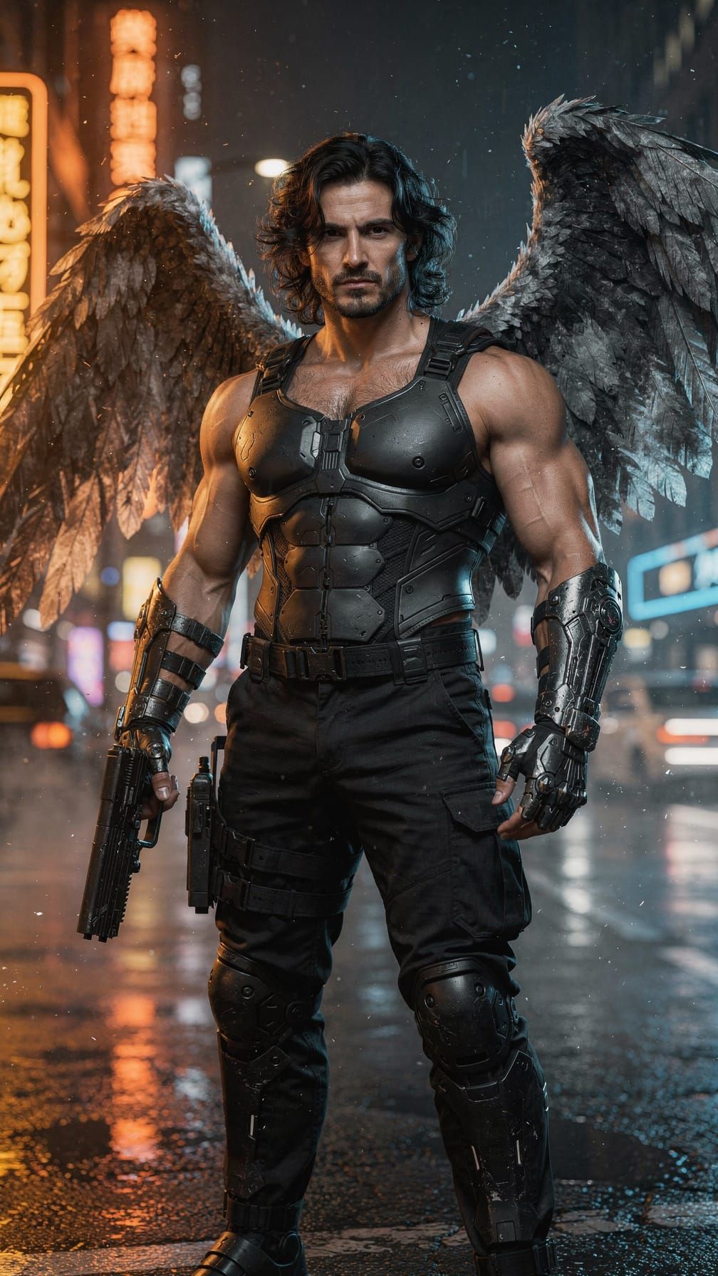 Fallen Angel in Cyberpunk Cityscape