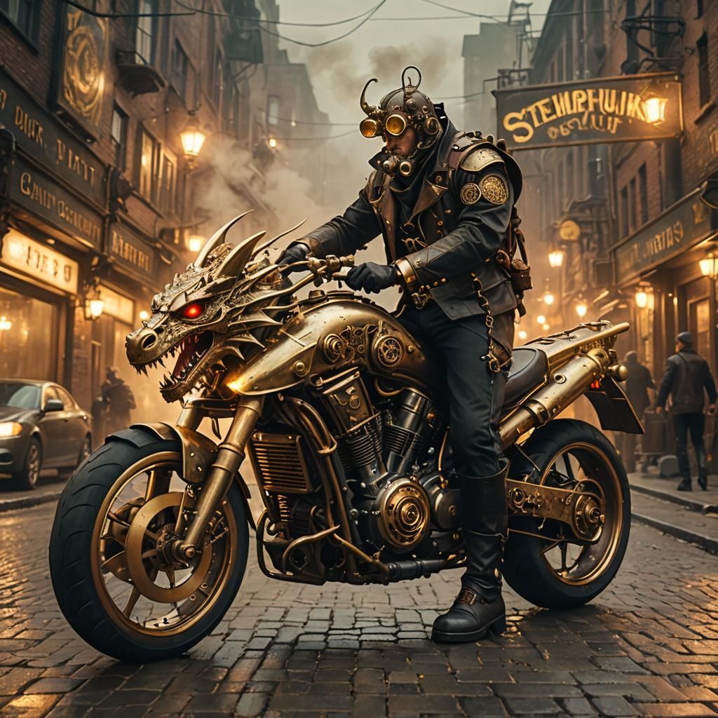 Steampunk Motor Dragon Bike in Foggy Alley