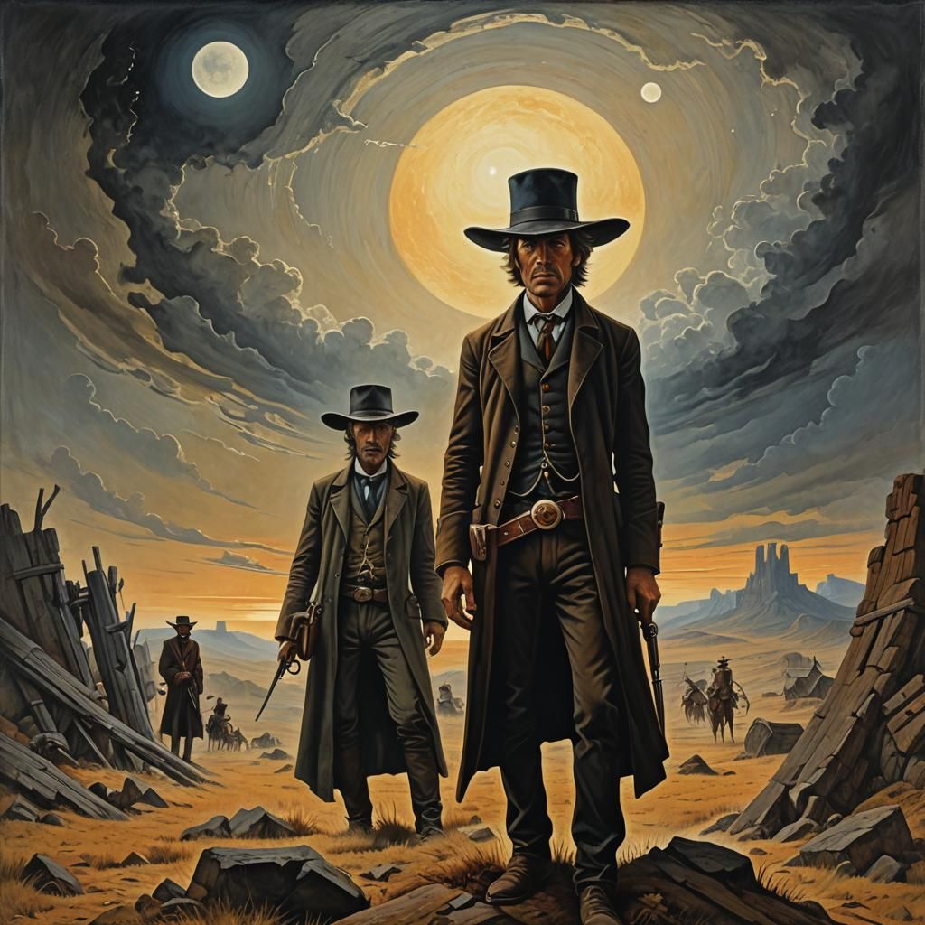 Epic Old West Showdown in Cubist Minimalist Style