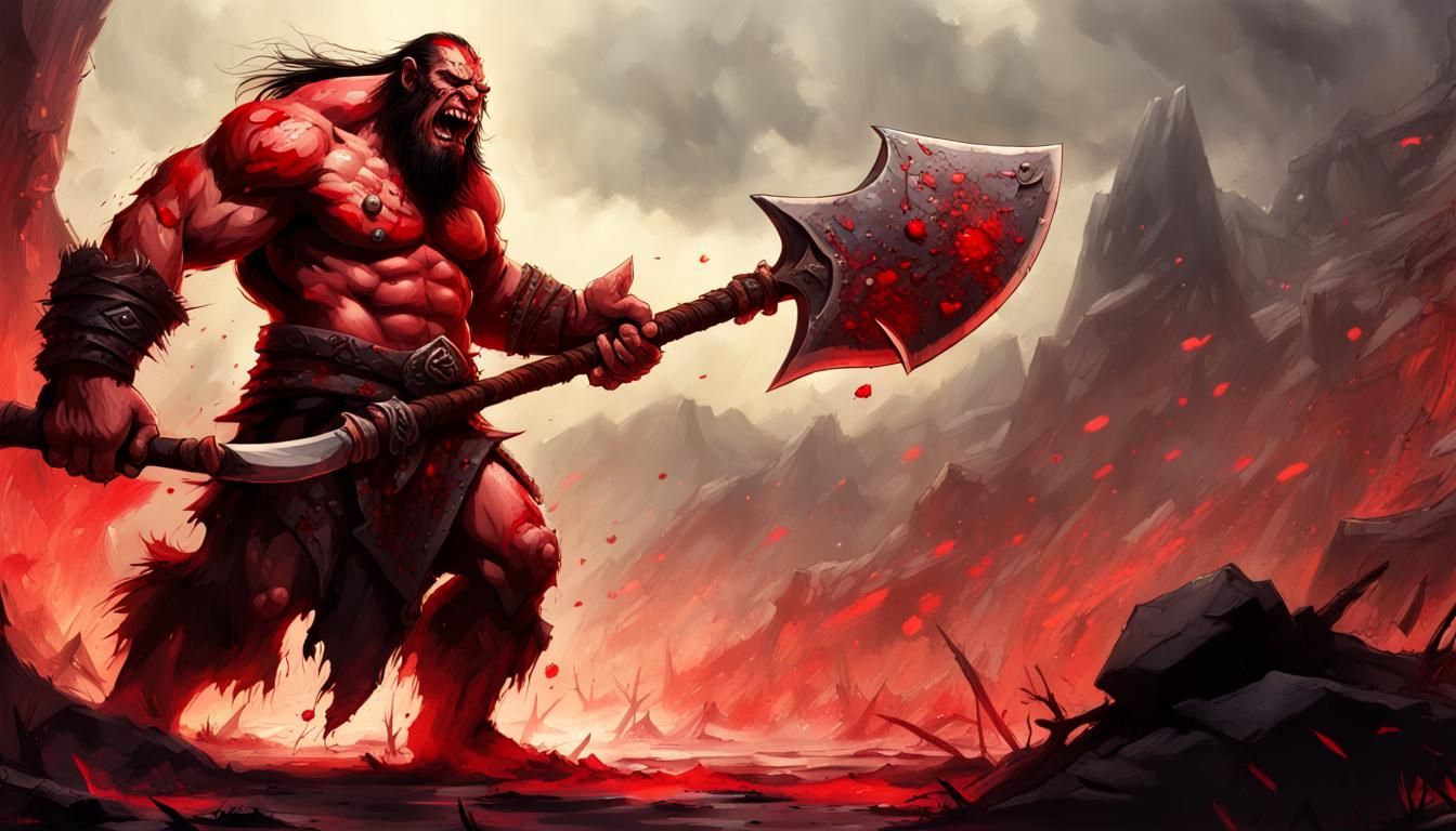 Red Orc Barbarian with Great Axe, Dark Fantasy Art