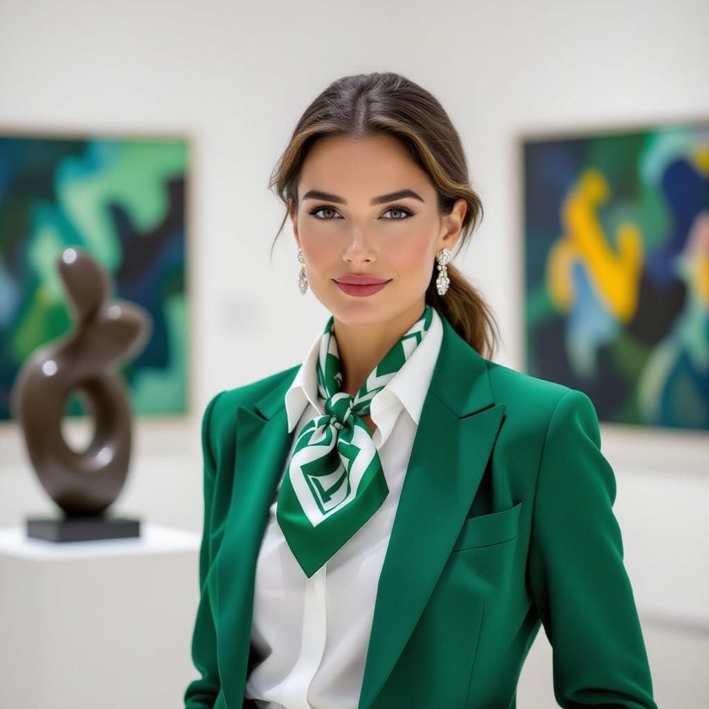 Confident Businesswoman in Emerald Green Blazer, Abstract Ar...