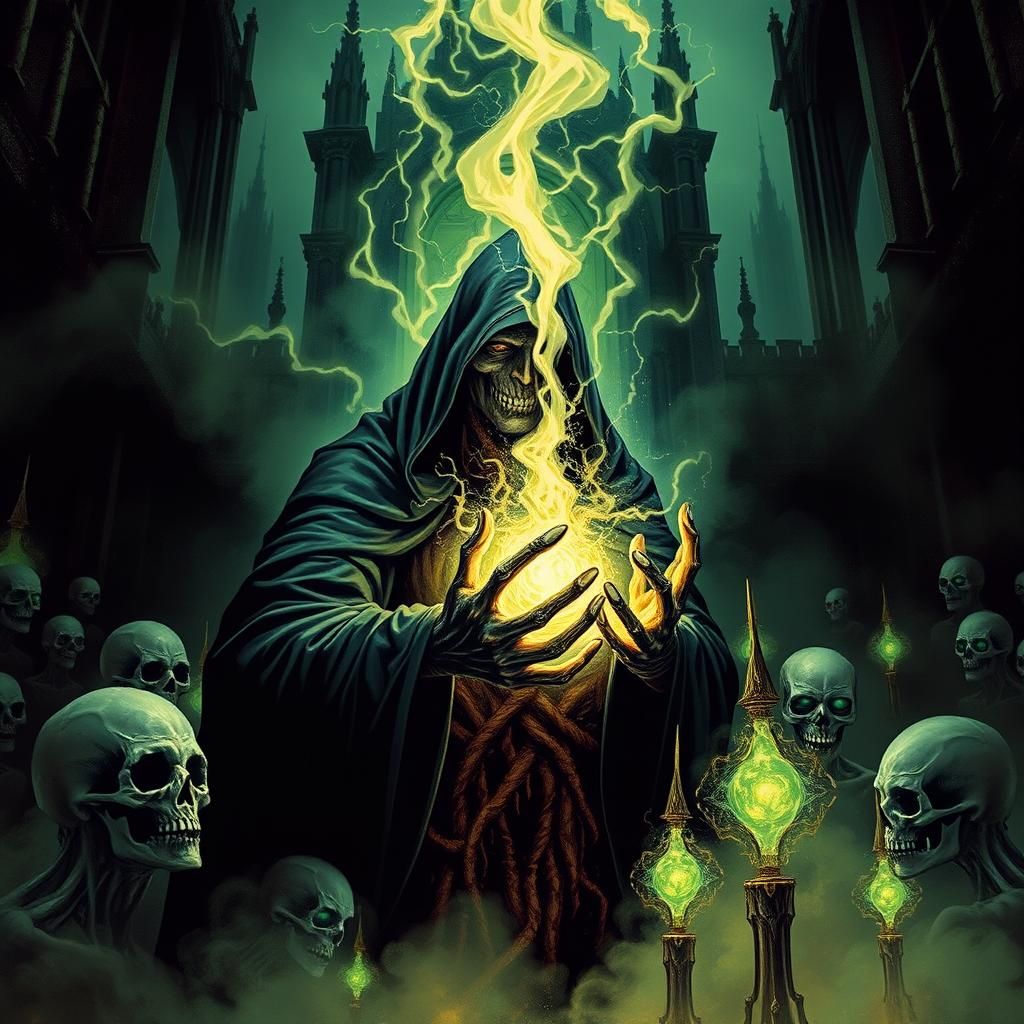 Necromancer Summons Undead in Biomechanical Setting