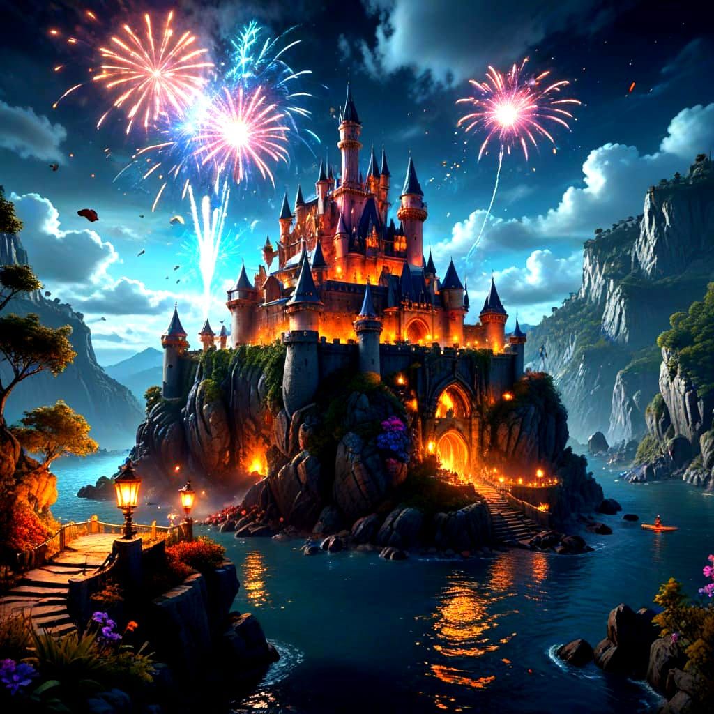 Mystical Fantasy Castle with Fireworks and Magic