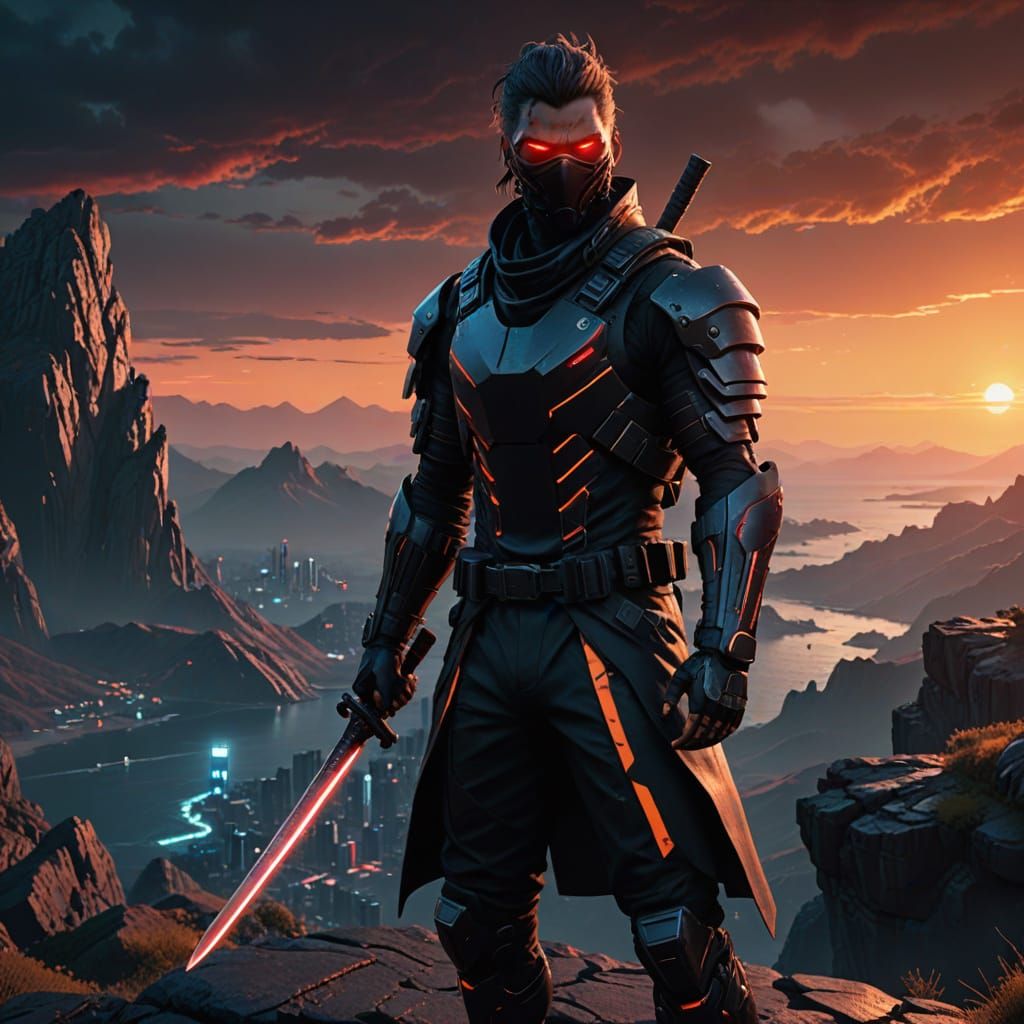 Cyborg Ninja Silhouette in Cyberpunk Sunset