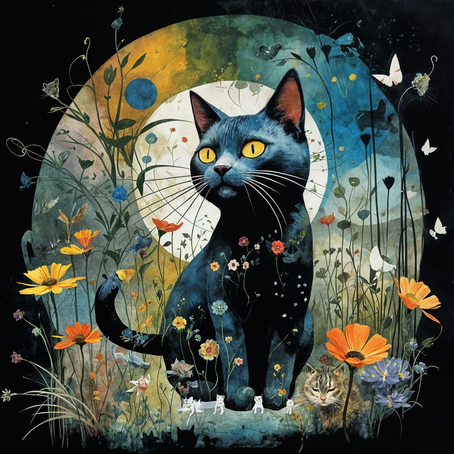 adorable cat sitting among flowers