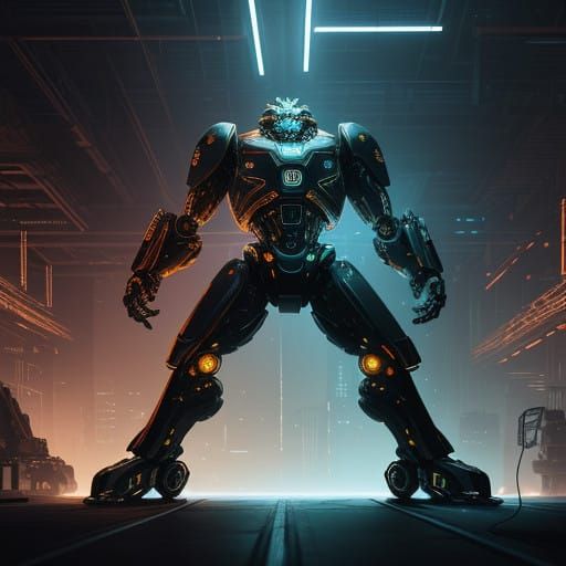 Lion Robot Stands Heroically in Industrial Futuristic Landsc...