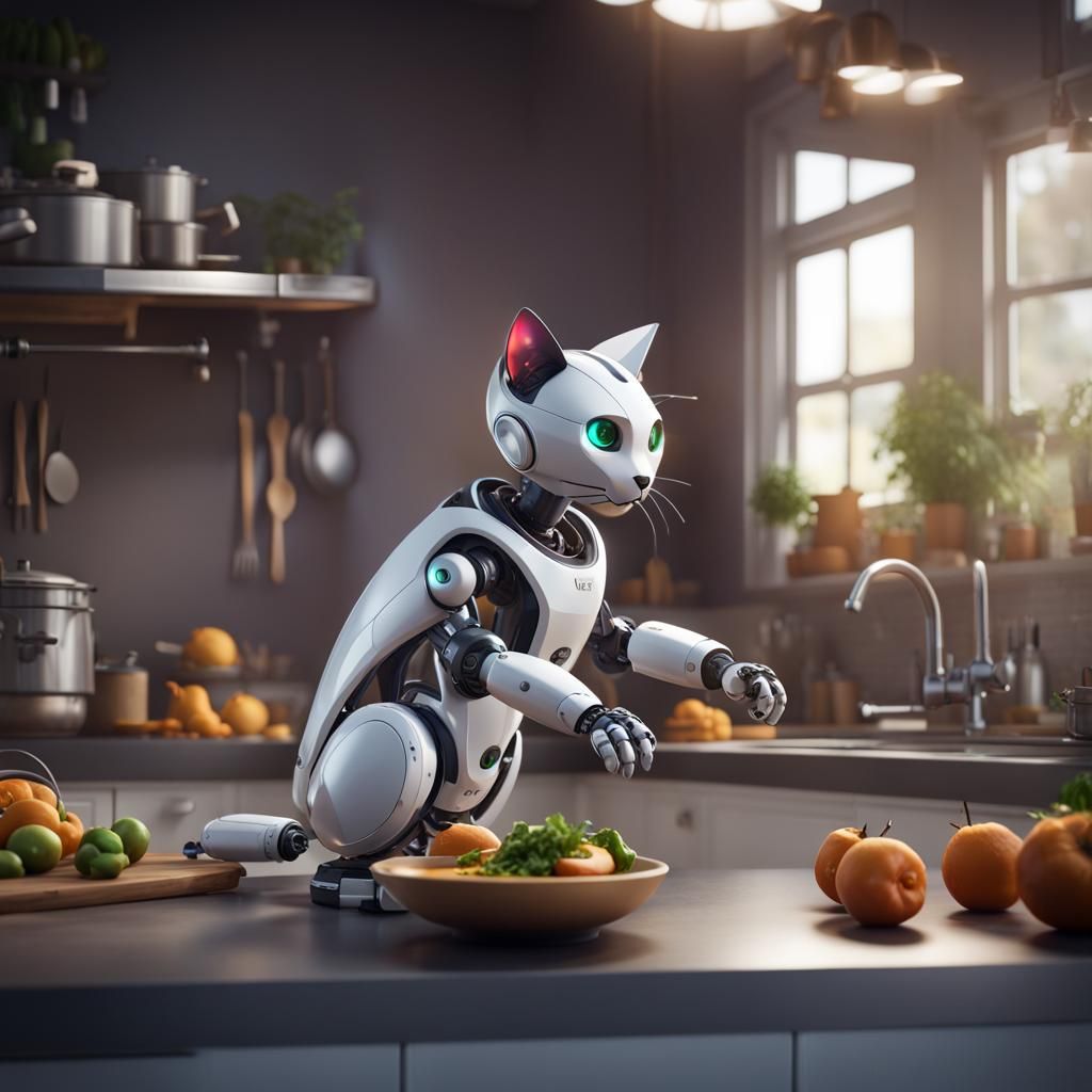 Futuristic Robot Cat Kitchen Assistant