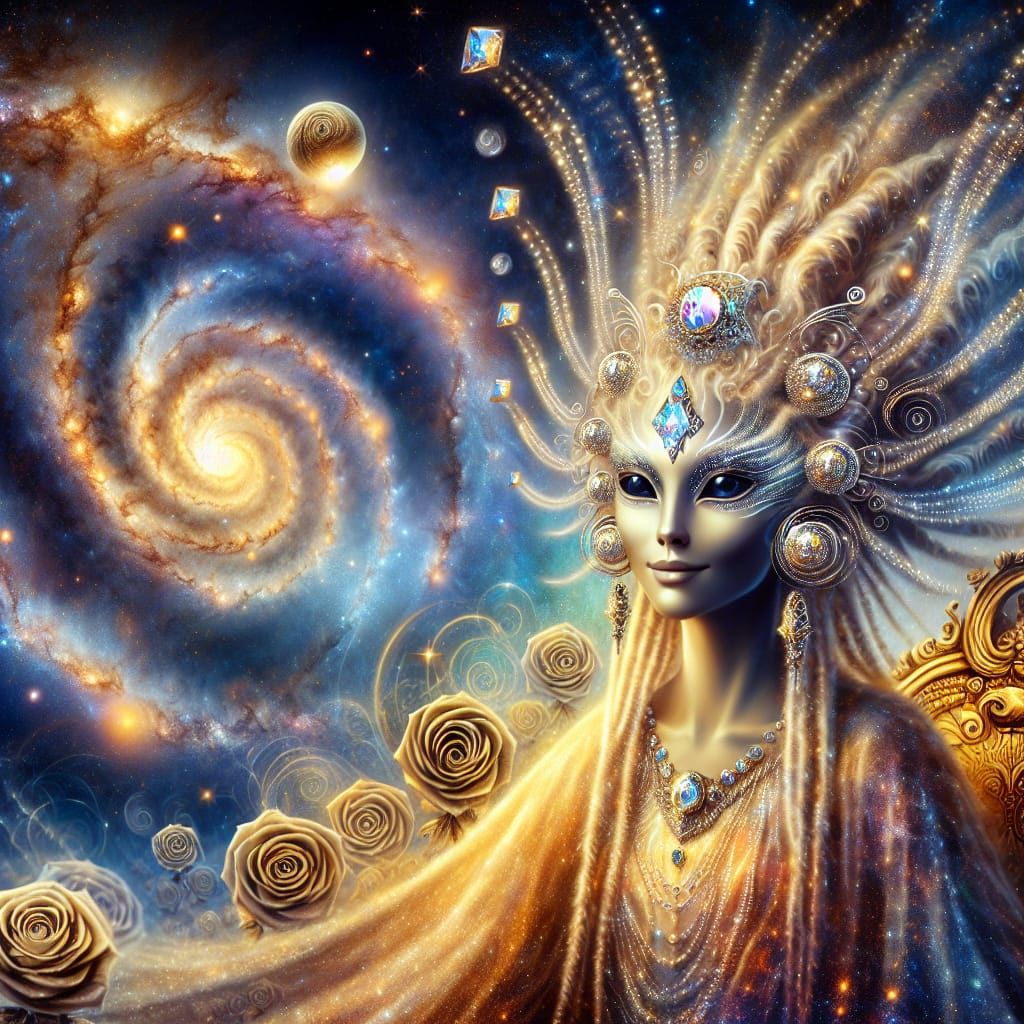 Alien Goddess on Rose Throne with Galaxy Background