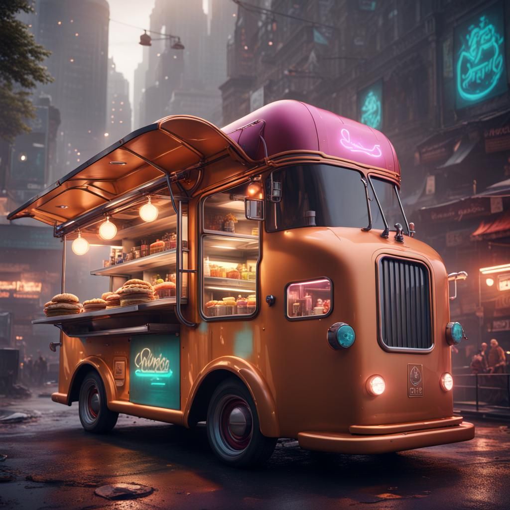 Futuristic Food Trucks in Detailed Matte Painting