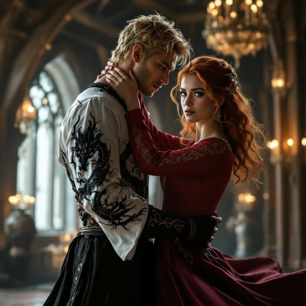 Muscular Man Dances with Woman in Candlelit Hall