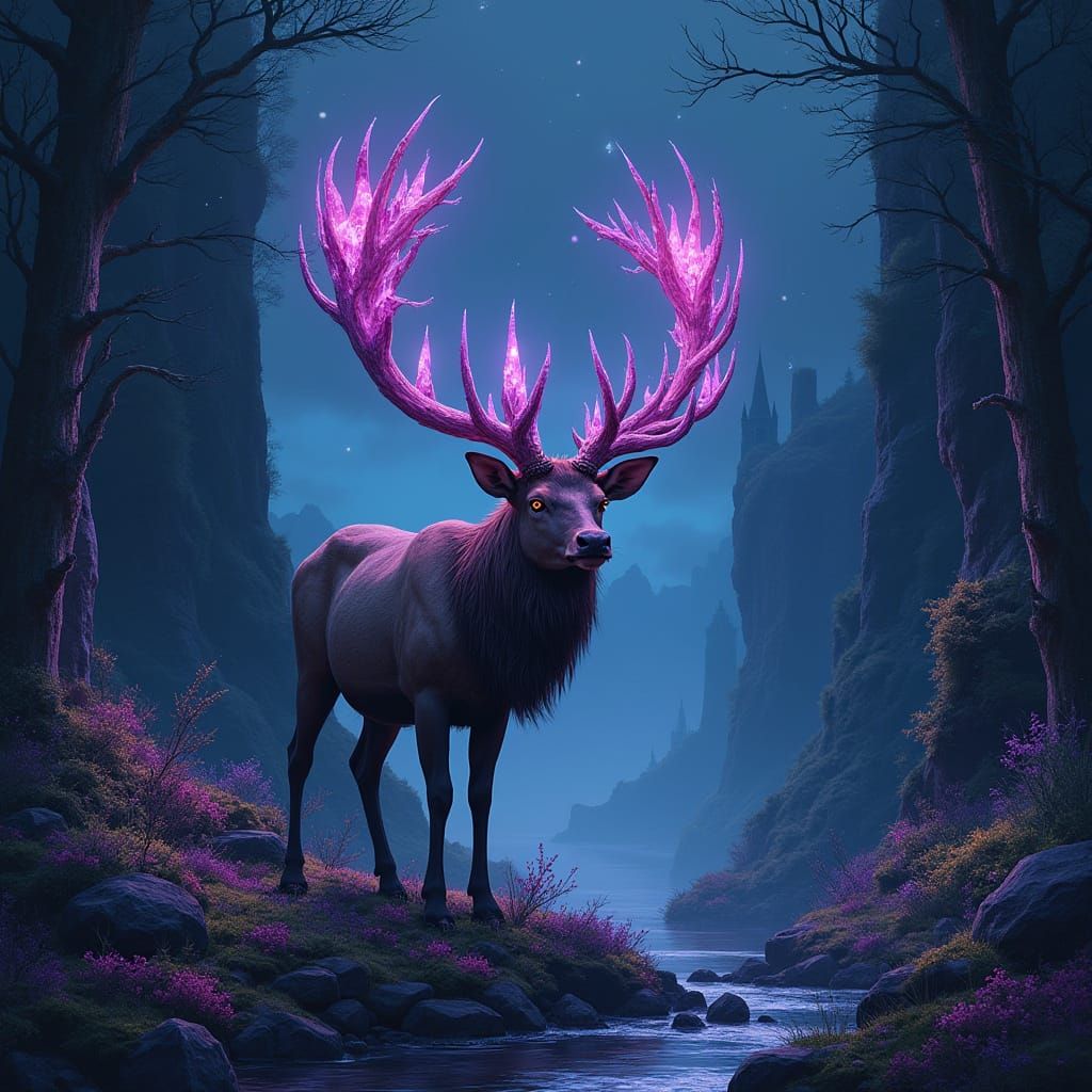 Bioluminescent Stag with Amethyst Antlers in Hidden Valley