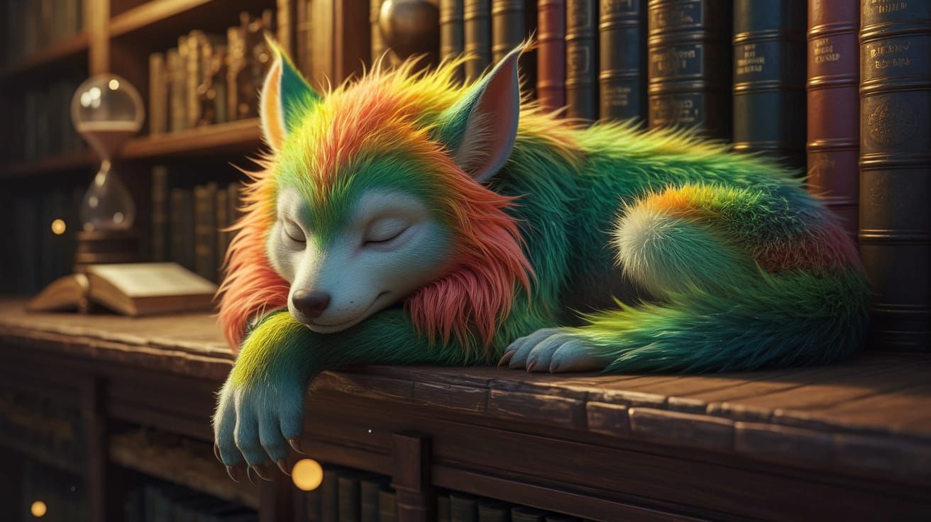 Neon Creature Sleeps in Whimsical Library