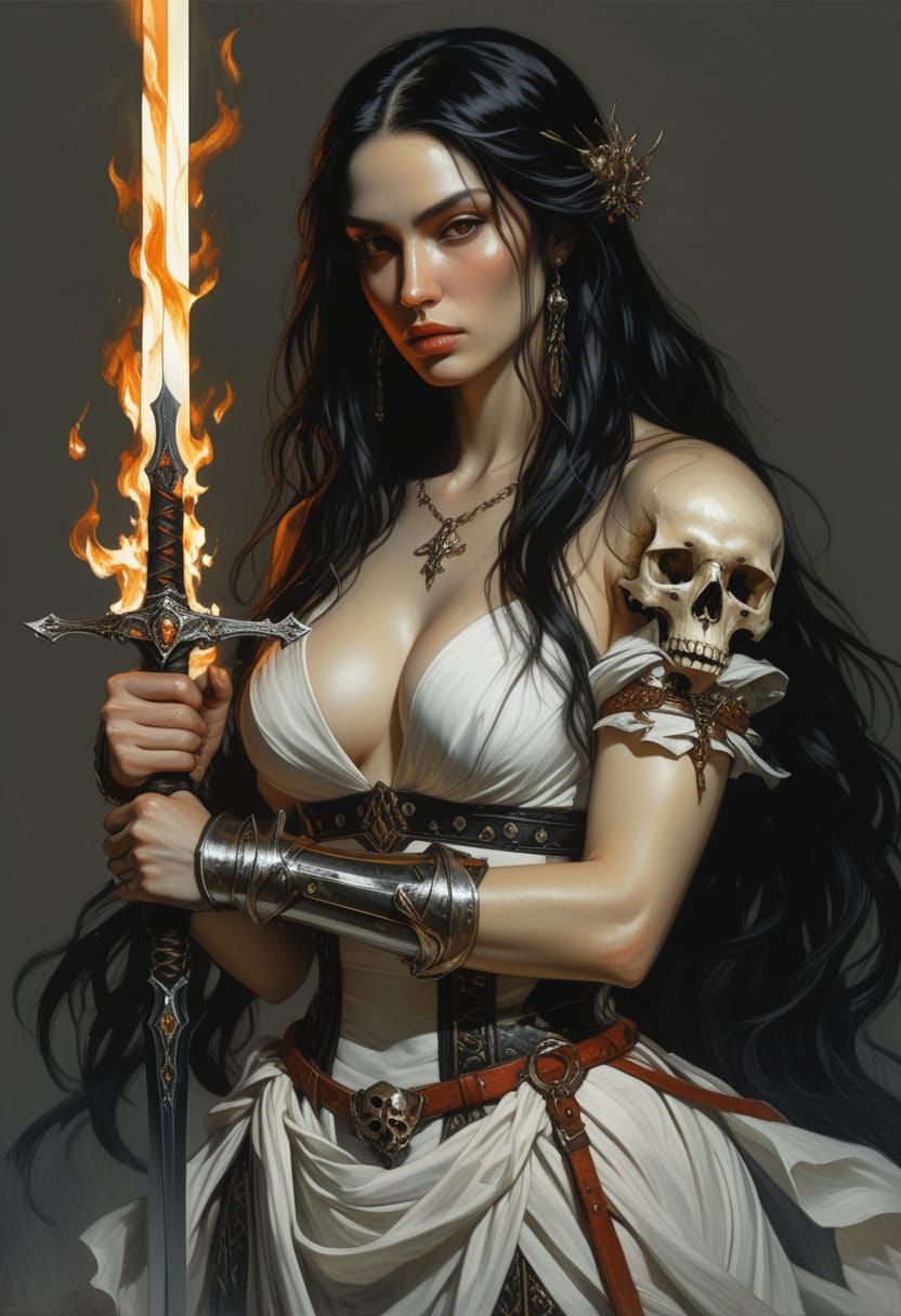 Renaissance Beauty Wields Flaming Sword with Skull Accents