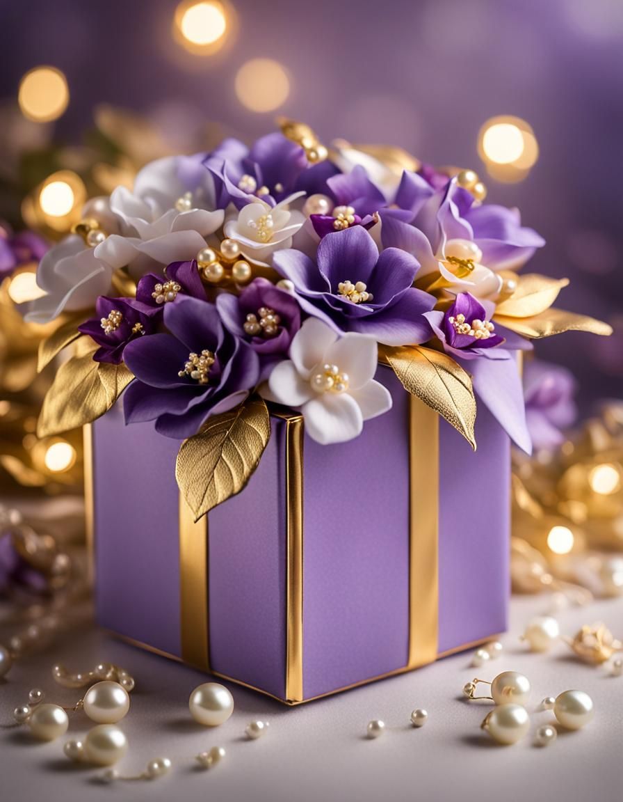 Gold and Purple Wedding Gift Box with Flowers