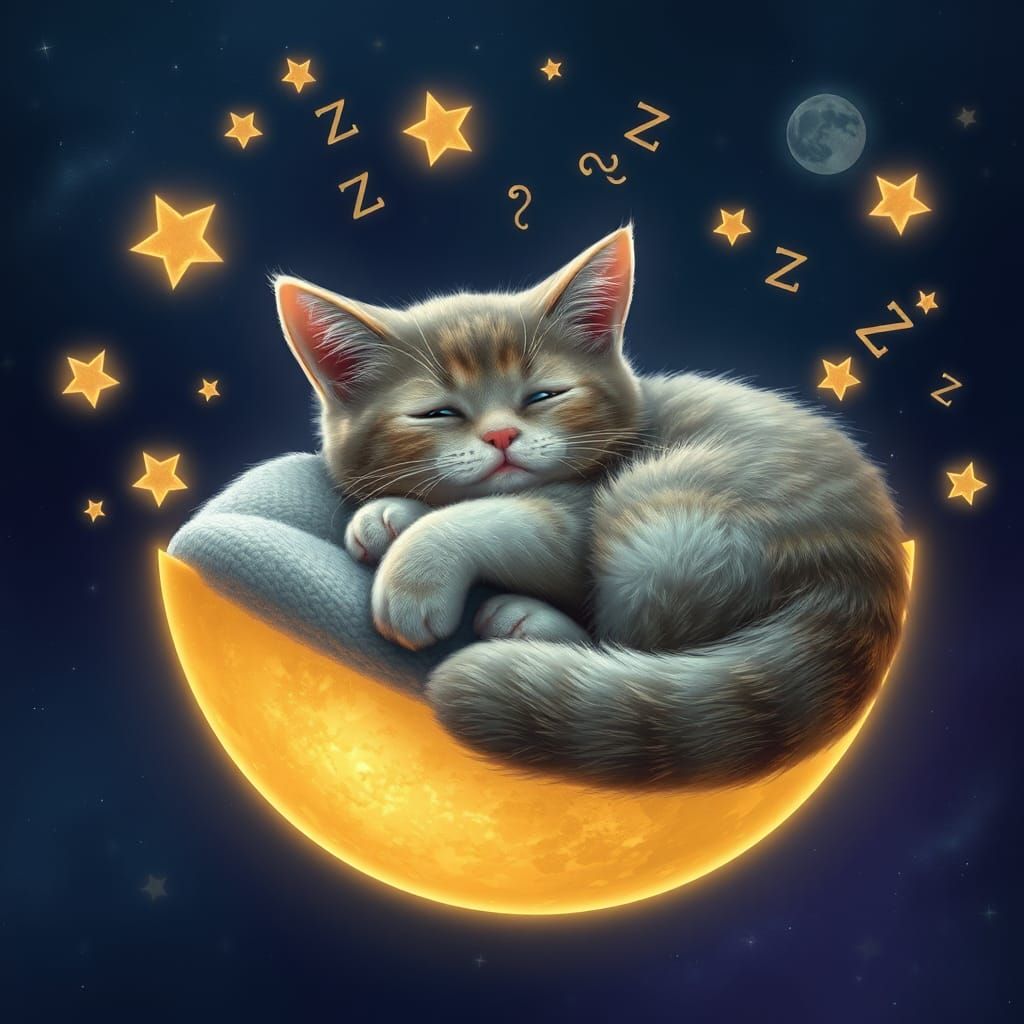 Cat Napping on Moon with Sleeping Stars