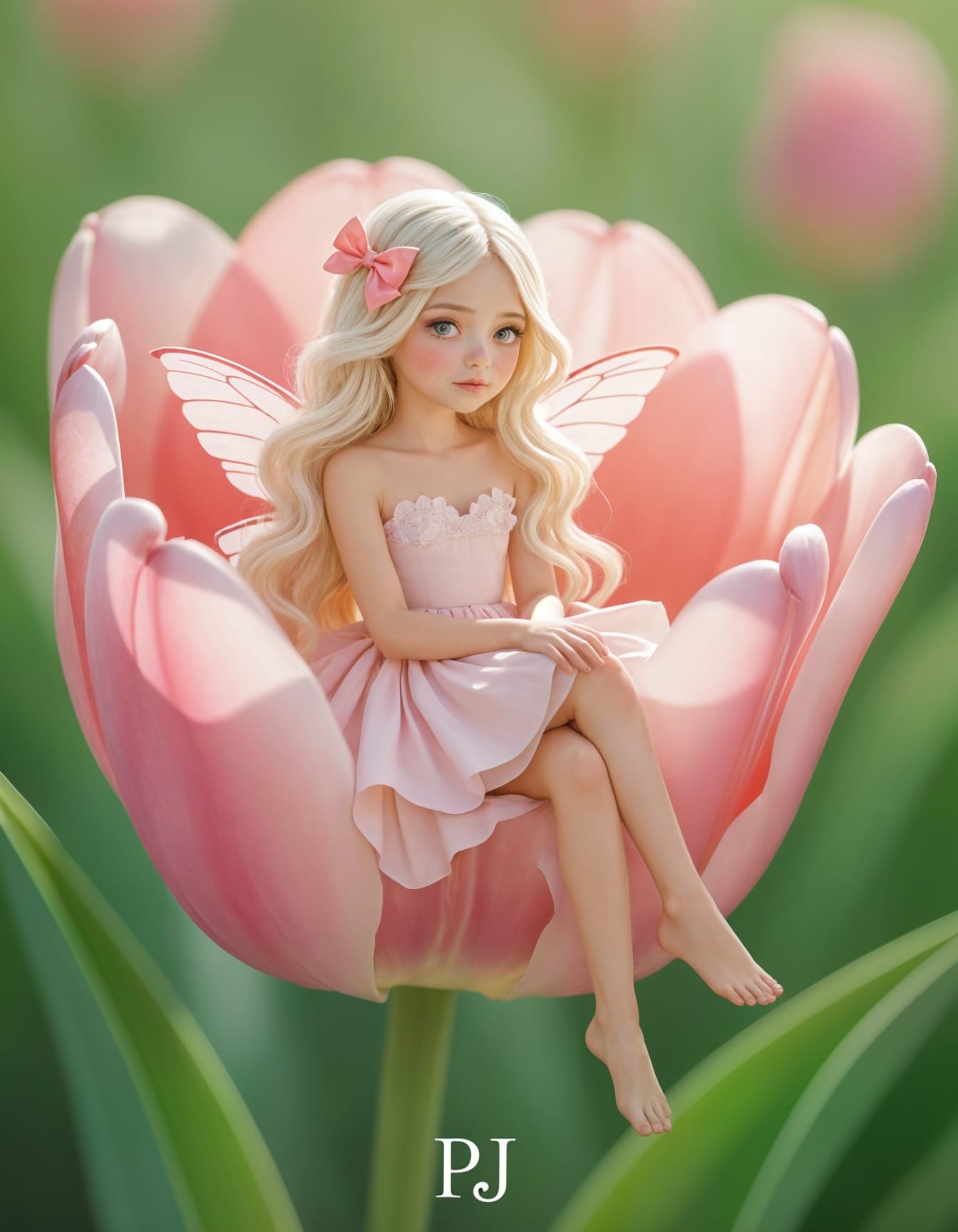 Tiny Fairy Perched on Pastel Pink Tulip