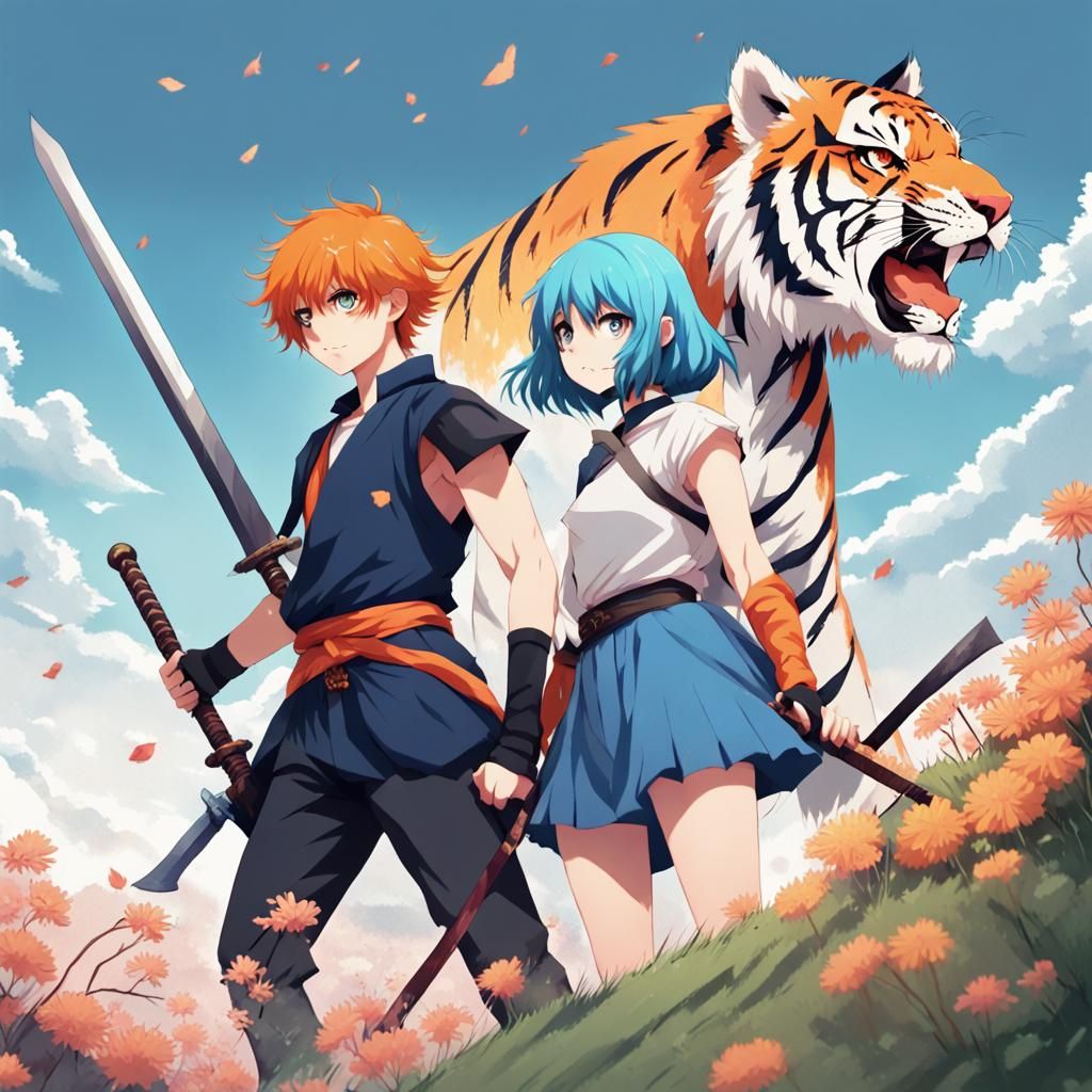 A orange haired anime boy with a sword and a blue haired anime girl with an Axe standing on a hill with flowers, fight t...
