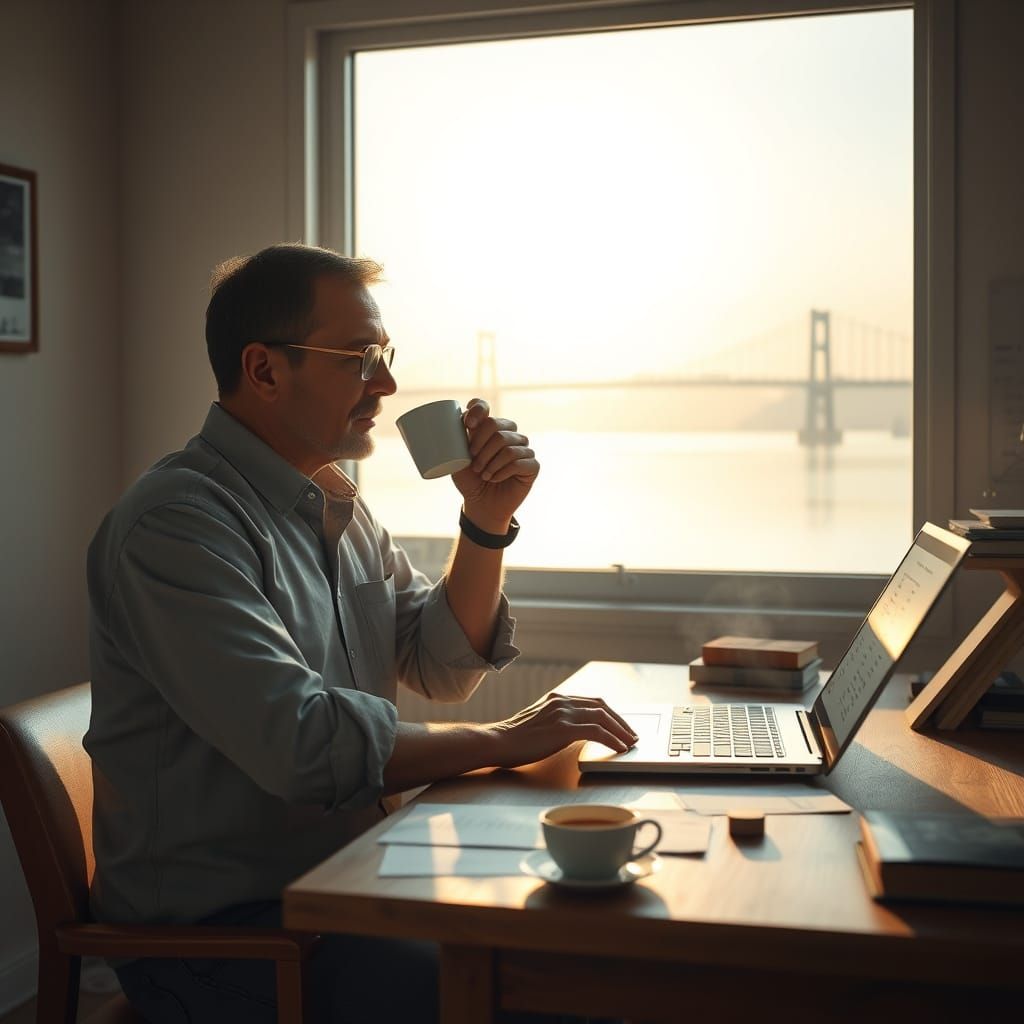 Realistic Morning Office Scene in a Cozy, Sunlit Environment