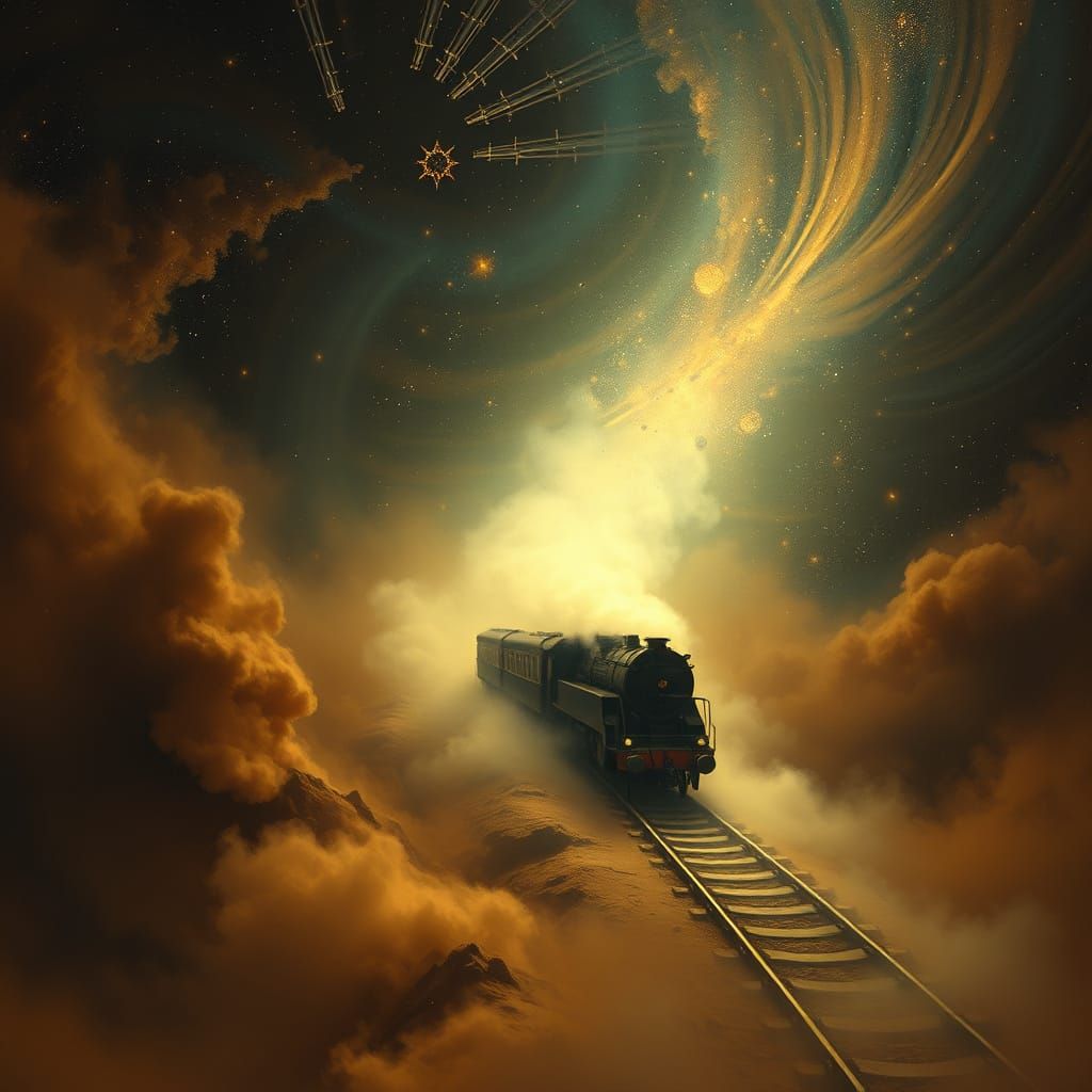 Spectral Train Through Cosmic Dust in Ethereal Fantasy Art S...
