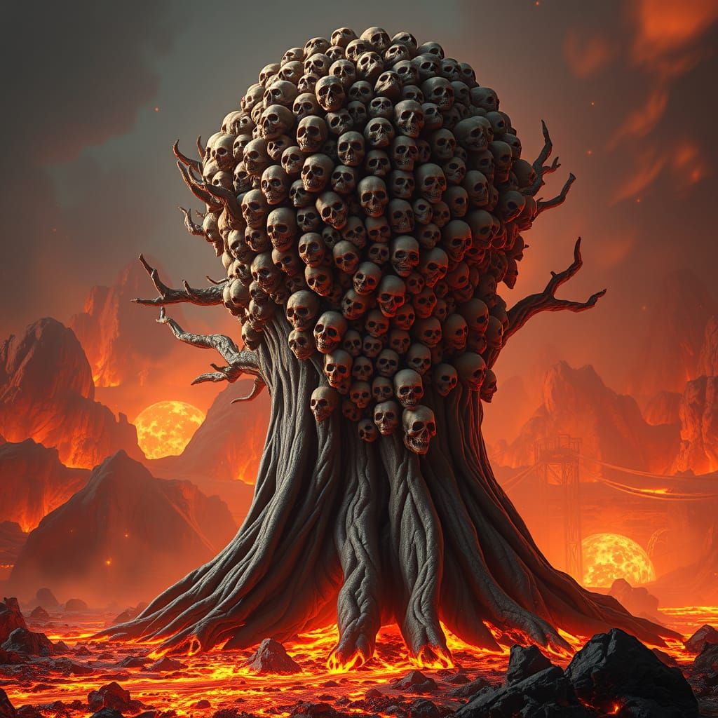 Colossal Skull Tree in Fiery Landscape, 3D Render
