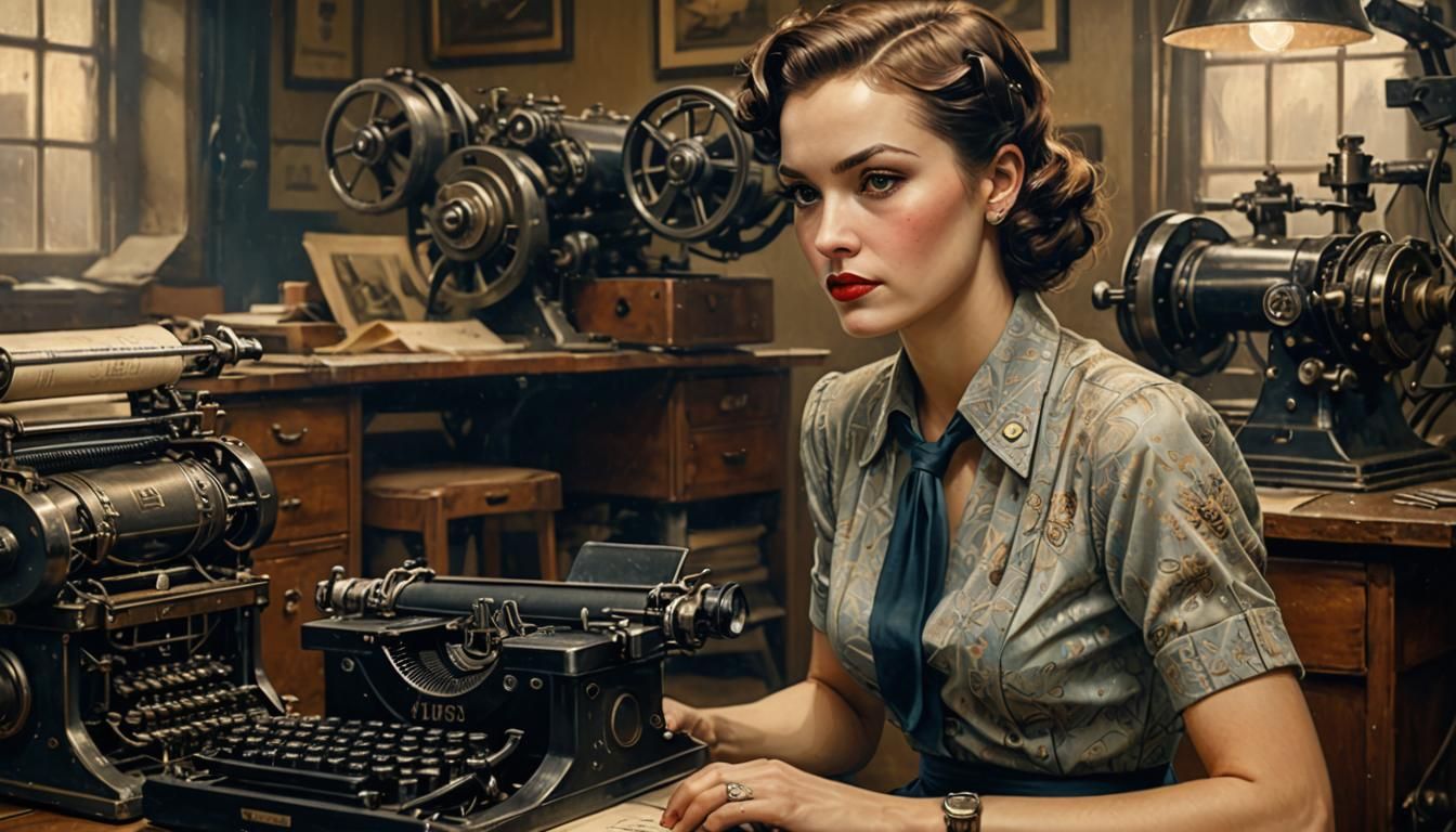 Art Deco Woman in Vintage Printing Room