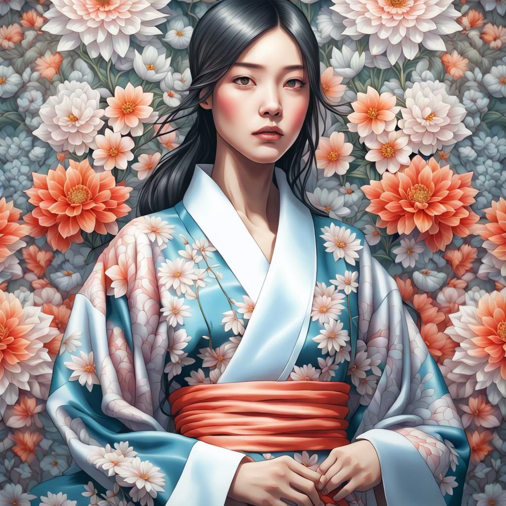 Girl in Kimono with Floral Pattern, Detailed Illustration