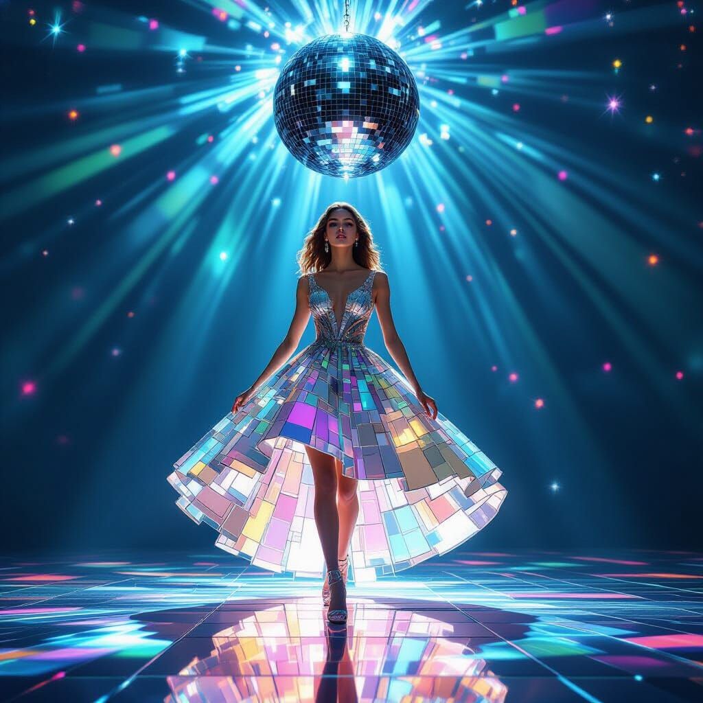 Woman in Prismatic Glass Dress on Disco Floor with Disco Bal...