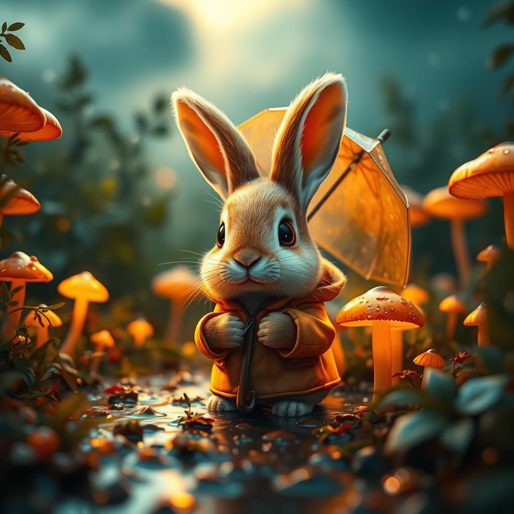 Rabbit in Rain-Soaked Forest, Detailed Matte Painting