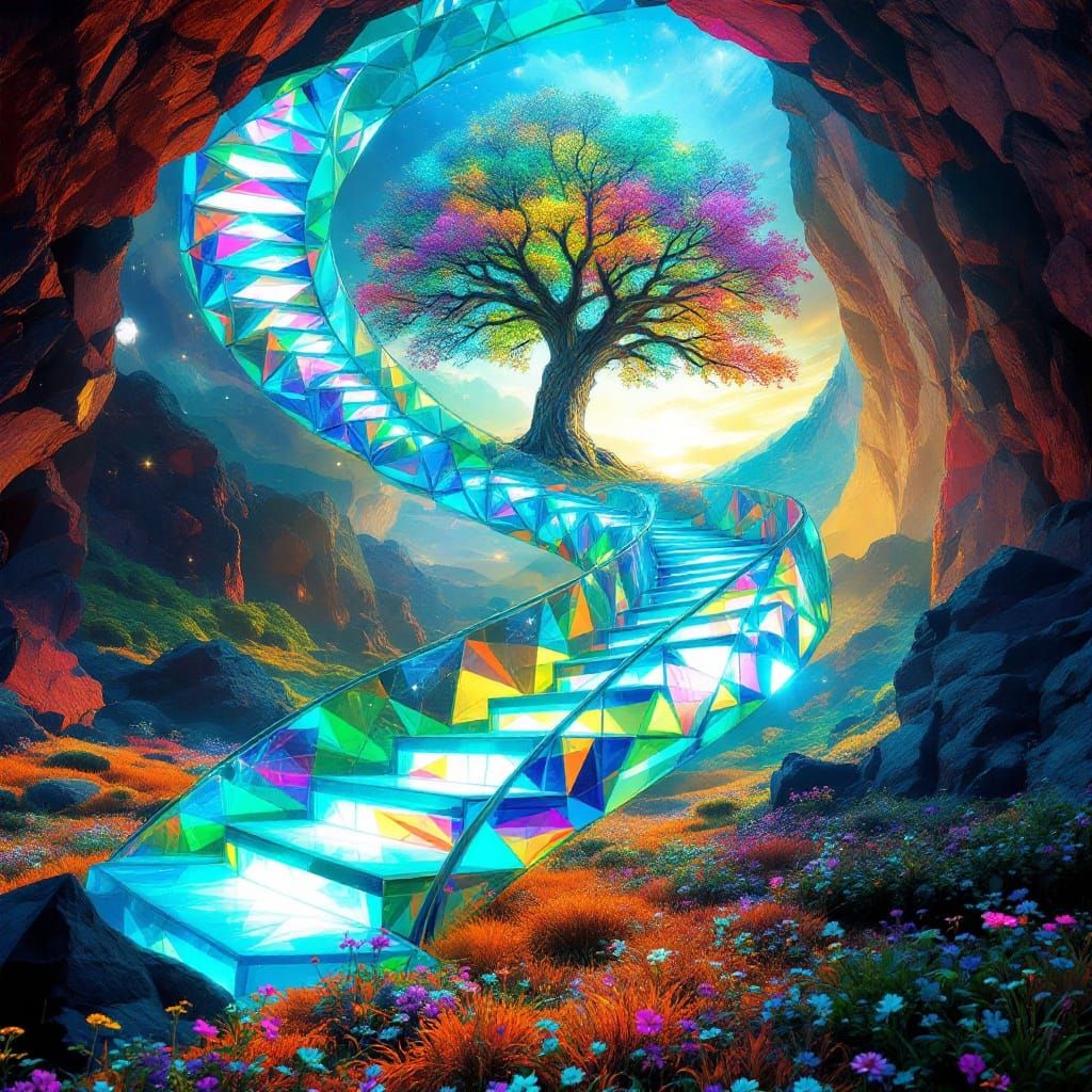 Kaleidoscopic Staircase to Ethereal Tree Portal