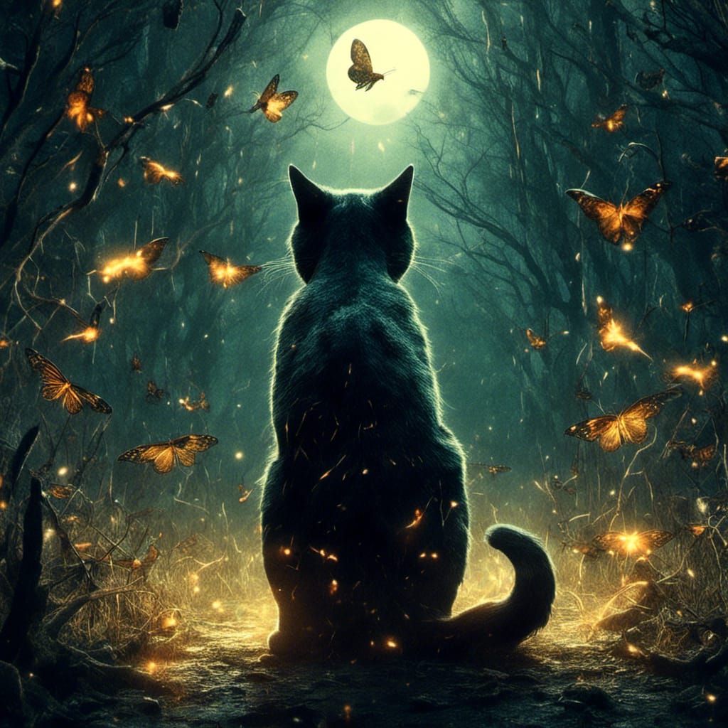 Scenic Dark Cat in Firefly Forest