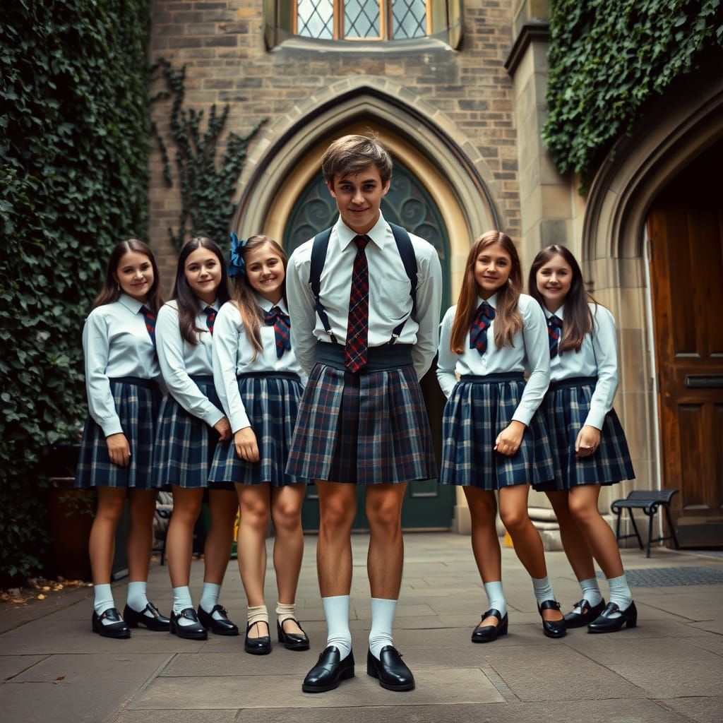 Elegant Young Man Crossdressing in Vintage Schoolgirl Unifor...