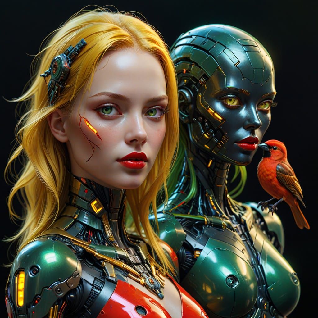 Biomorphic Android Cyborg with Red Bird Woman