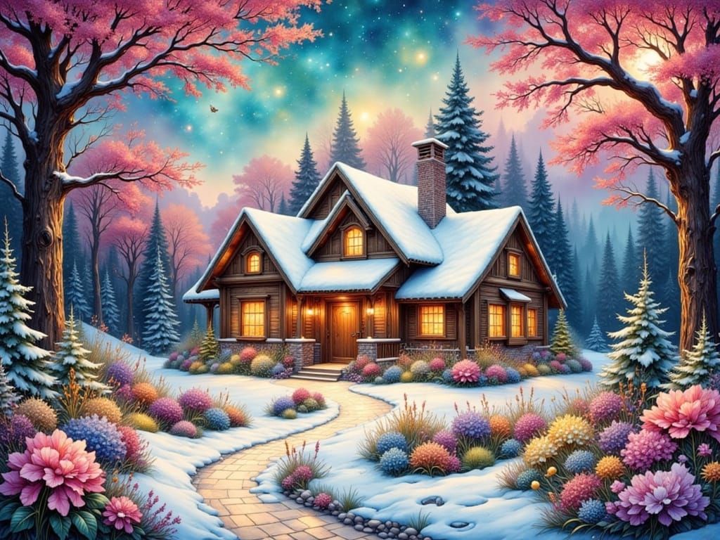 Cozy Winter Cabin in Vibrant Floral Landscape