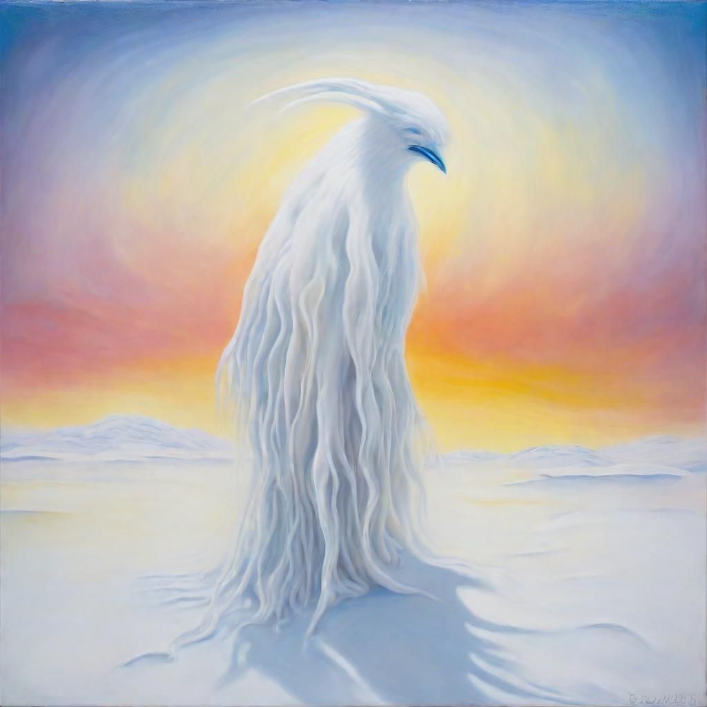 Surrealist White Creature in Dreamlike Landscape