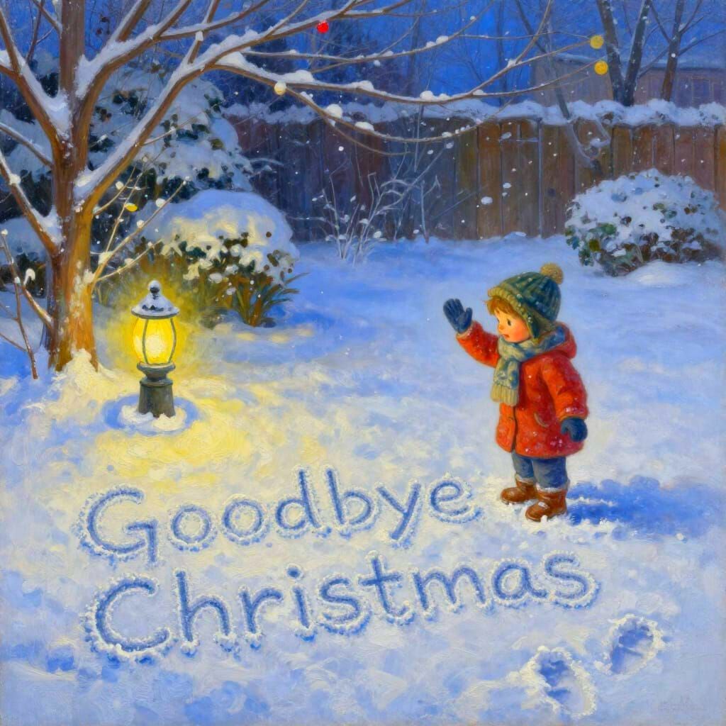 Child Writes Goodbye Christmas in Snow Oil Painting