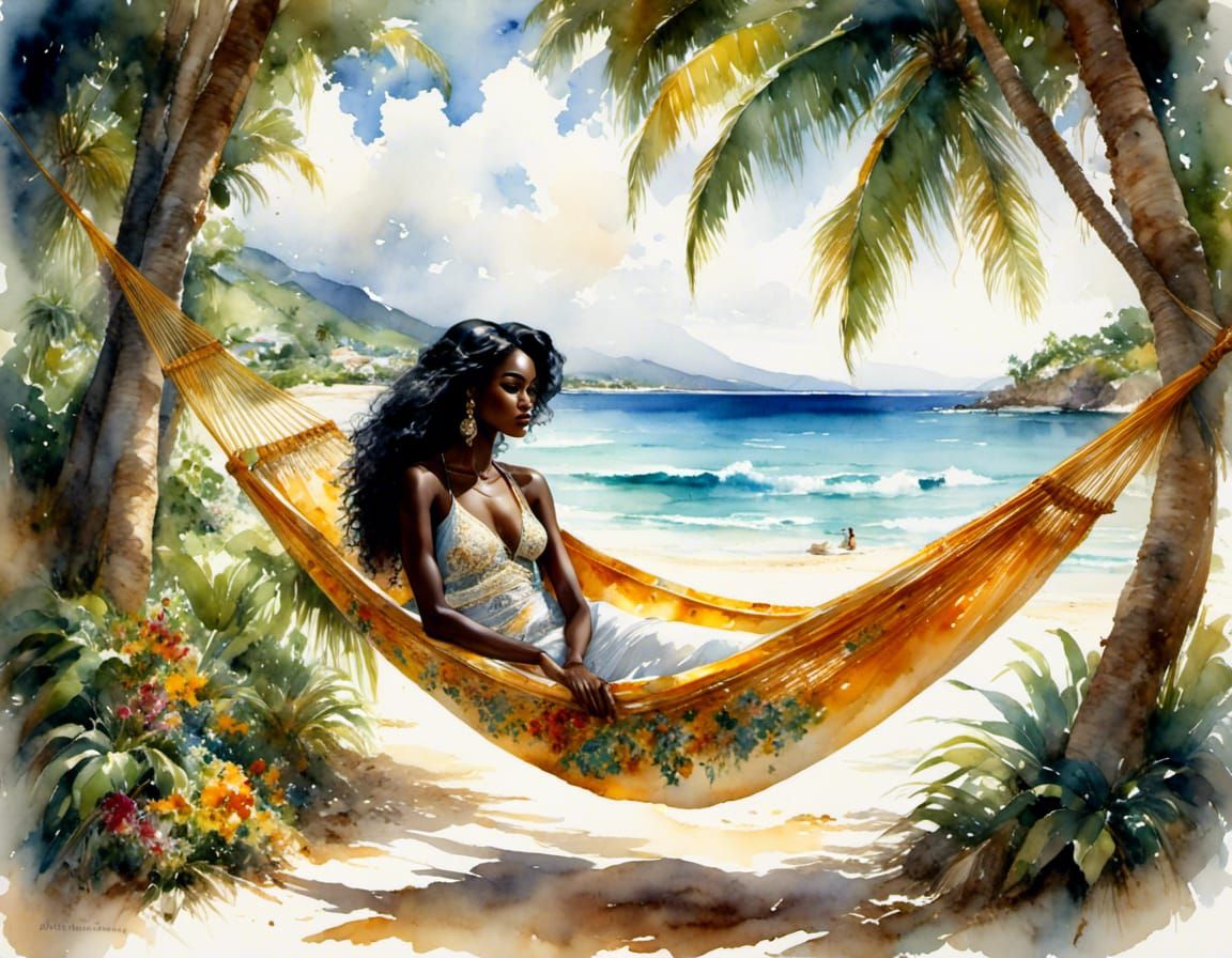 Caribbean Woman in Hammock, Watercolor Painting