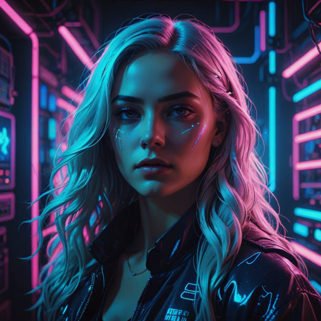 Ethereal Synthwave Goddess with Radiant Neon Hair