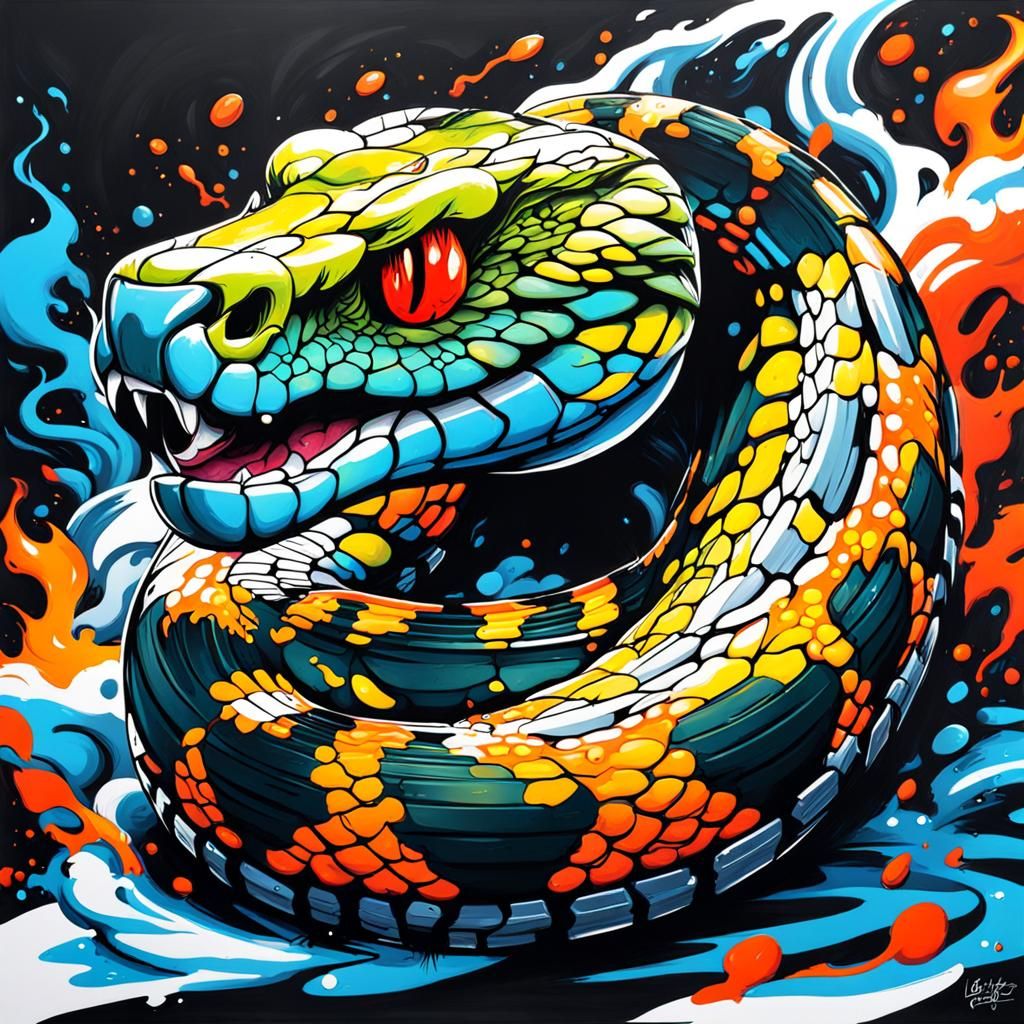 Fiery Snake Graffiti Art in Polychromatic Style
