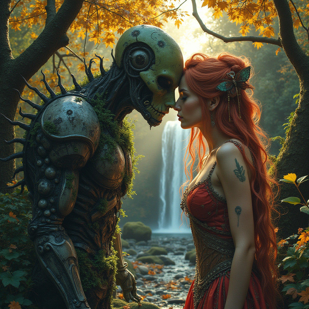 Photorealistic Mistress and Monster in Autumn Forest