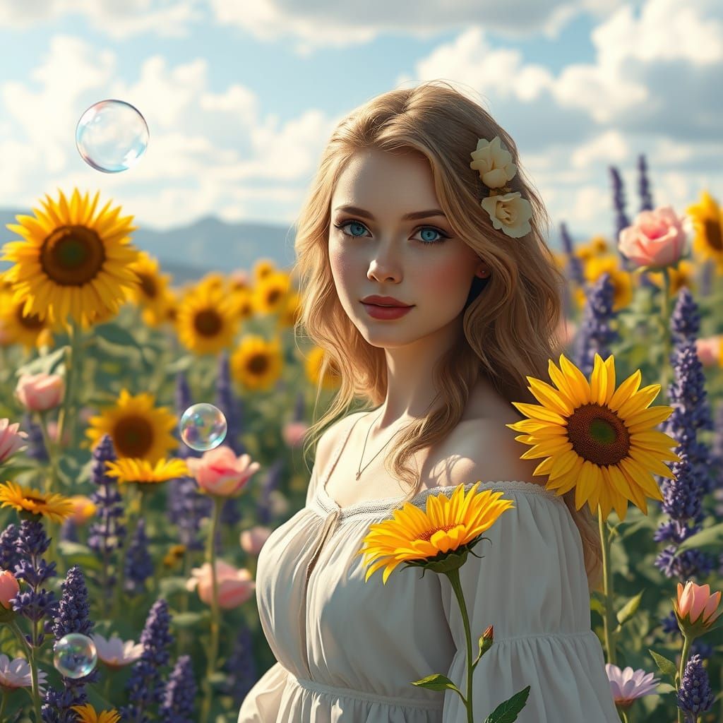 Woman in Meadow with Bubbles, as Digital Painting