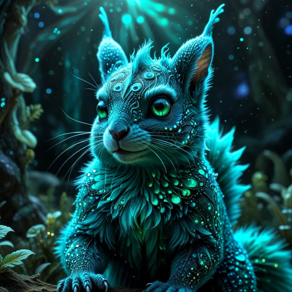 Ethereal Fantasy Creature with Glowing Neon Turquoise Fur an...