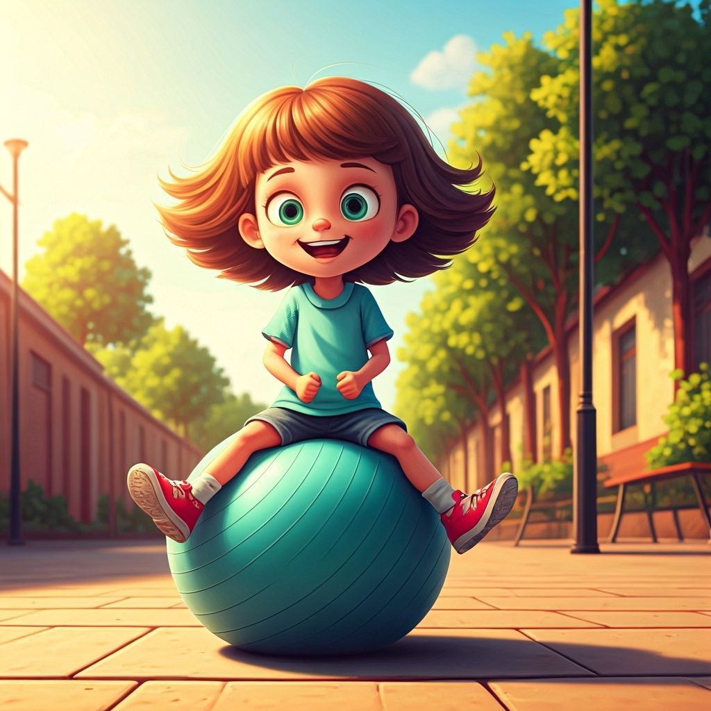 Girl Energetically Bounces on Exercise Ball in Cartoon Style