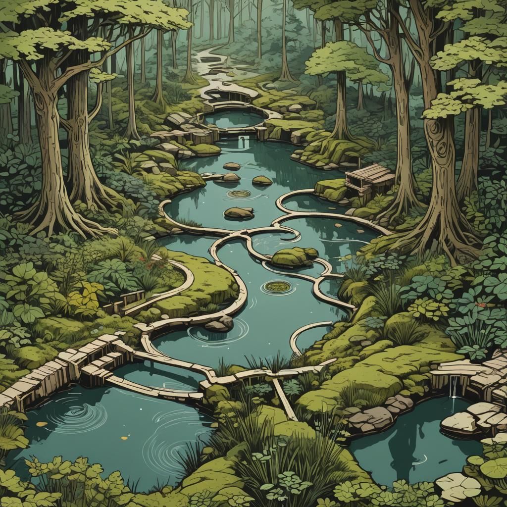 Retro Forest Labyrinth Pond in Industrial Design Style