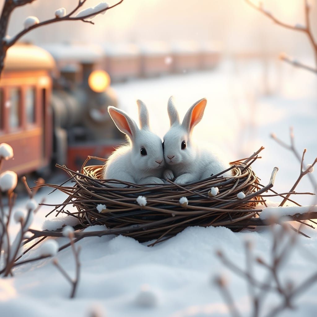 Whimsical Winter Wonderland with Rabbits and Train
