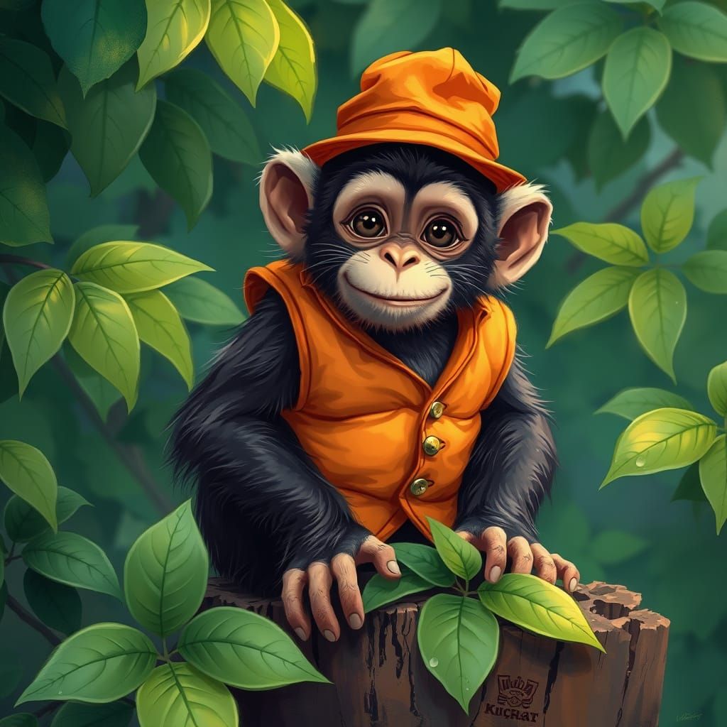 Playful Monkey in Orange Vest, Digital Painting