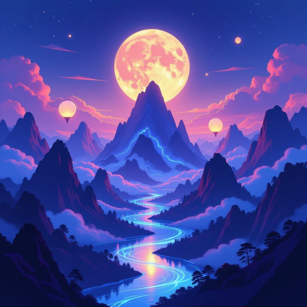 Floating Mountains with Glowing Lanterns in Twilight